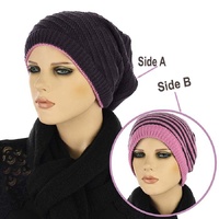 Stripe-Solid Knit Reversible Beanie