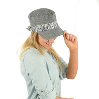 Cadet Fashion Cap | Dark Grey with Grey n Navy ink splash print band and bow | XS/S