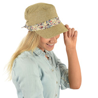 Cadet Fashion Cap | Camel with colourful ink splash print band and bow | XS/S