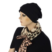 Cotton Turban Beanie with Faux Fur Leopard Headband Set