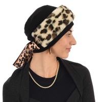 Cotton Turban Beanie with Faux Fur Leopard Headband Set | Option 2 | Black Beanie with Beige Headband