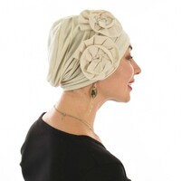 Dual Flower Pleated Cotton Beanie | Beige