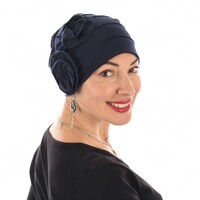 Dual Flower Pleated Cotton Beanie | Blue - Navy Blue / Dark Blue