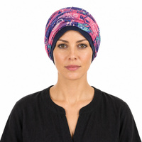 Jersey Cotton Beanie  NAVY with Seamless Headband | Option 7 | M/L Pink and Blue Paisley Print