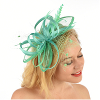 Quadruple Leaf Satin Feather Fascinator | Blue - Cyan Blue / Green Blue
