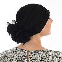 Stretch Chemo Hat with Flower - Olivia | Black