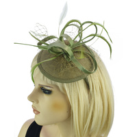 Feather Fascinator Hat with Ribbon | Green - Olive Green