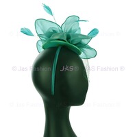 Organza 8 Petaled Fascinator | Emerald Green with Teal Blue Feather