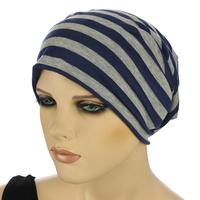 Stretch Sleep Cap with Wide Stripes | Grey & Navy | S/M