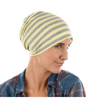 Stretch Sleep Cap with Wide Stripes | Light Yellow & Grey | S/M