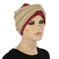 Cotton Beanie and Knit Turban Headband Set | XS/S | Option S1 | Beige Band N Deep Red Beanie