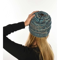Three Toned Messy Bun Beanie | Turquoise Blue / Navy / Beige