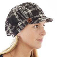 Check Newsboy Hat with Bow & Button | Brown - Chocolate Brown | L