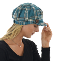 Check Newsboy Hat with Bow & Button | Blue - Teal Blue | S