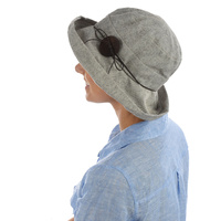 Big Button Linen Bucket Hat | Light Grey with fine stripes