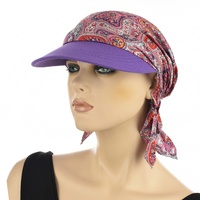Chemo Head Wrap Scarf & Visor Set | Purple Visor N Pink Paisley Print Headwrap | XS/S