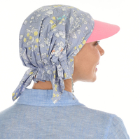Chemo Head Wrap Scarf & Visor Set | Pink Visor & Light Blue Floral Headwrap | XS/S