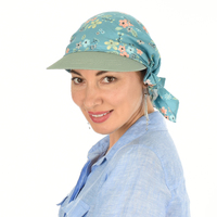 Chemo Head Wrap Scarf & Visor Set | Olive Sage Green Visor & Teal Blue Floral Headwrap | XS/S