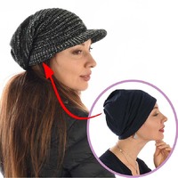 Ribbed Slouchy Beanie Cap with Swirly Jersey Beanie Liner