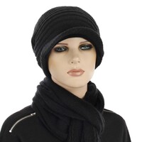 Ribbed Slouchy Beanie Cap with Swirly Jersey Beanie Liner | Black