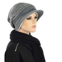 Ribbed Slouchy Beanie Cap with Swirly Jersey Beanie Liner | Denim Blue Grey Cream Three-toned