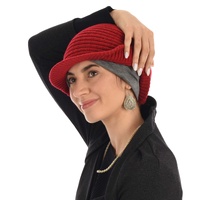 Ribbed Slouchy Beanie Cap with Swirly Jersey Beanie Liner | Red with Grey Liner