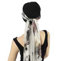 Premium Cotton Chemo Hat with Scarf Band | Option 2 | Black Beanie N White Scarf Band