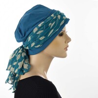 Premium Cotton Chemo Hat with Scarf Band | Option 4 | Teal Blue Beanie & Scarf Band