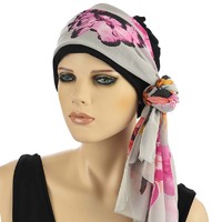 Premium Cotton Chemo Hat with Scarf Band | Option 6 | Black Beanie N Light Grey Scarf Band