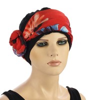 Premium Cotton Chemo Hat with Scarf Band | Option 7 | Black Beanie N Red Scarf Floral Band