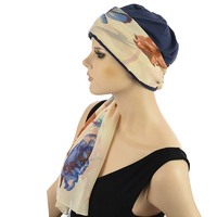Premium Cotton Chemo Hat with Scarf Band | Option 8 | Navy Blue Beanie N Cream / Creamy Yellow Floral Scarf Band