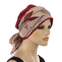 Premium Cotton Chemo Hat with Scarf Band | Option 14 | Deep Red Beanie n Burgundy Floral Scarf Band