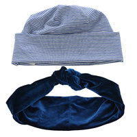 Cotton Beanie with Removable Velvet Headband | Option 4 | Royal Blue/White Beanie with Blue Velvet Headband