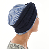 Striped Cotton Beanie with Turban Headband | Navy/White+Royal Blue