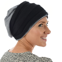 Striped Cotton Beanie with Turban Headband | Black/White+Black