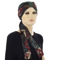 BAMBOO CLASSIC TURBAN - MICHELLE | Dark Green with Artistic Abstract Print Sash
