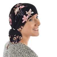Floral Eternity Loop Scarf Turban | Option 1 | Pink Flower Print on Black Background