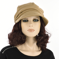 Felt Bakerboy Hat with Halo Headband Hair | Camel Beige Hat with Mahogany Burgundy Hair Extension