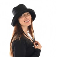 Linen Deep Crown Bucket Hat with Chin Strap | Black