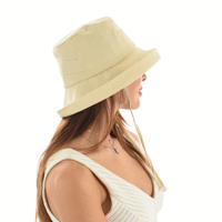 Linen Deep Crown Bucket Hat with Chin Strap | Light Beige