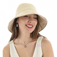 Packable Sun Hat with Pin Striped Bow and Buckle - Helen | Cream Light Beige