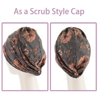 Convertible Scrub Style Turban Cap – Maya | #1 Dusty Pink Blossoms on Dark Grey Base