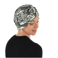 Floral Turban for Women with Hair Loss - Molly | #5 Black and Grey Prints on White | S/M/L