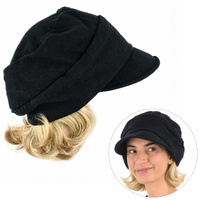 Black Linen Ruched Hat with Attached Hair