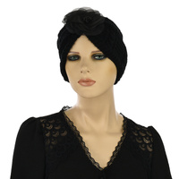 Knitted Beanie Turban with Flower Stella | Black