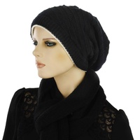 Stripe-Solid Knit Reversible Beanie | Option 1 Black vs Black and White