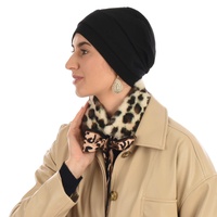 Cotton Turban Beanie with Faux Fur Leopard Headband Set | Option 2 | Black Beanie with Beige Headband