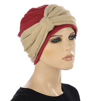 Cotton Beanie and Knit Turban Headband Set | XS/S | Option S1 | Beige Band N Deep Red Beanie