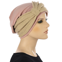 Cotton Beanie and Knit Turban Headband Set | XS/S | Option S5 | Beige Band N Pink Beanie