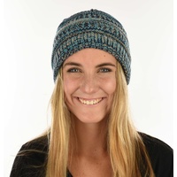 Three Toned Messy Bun Beanie | Turquoise Blue / Navy / Beige